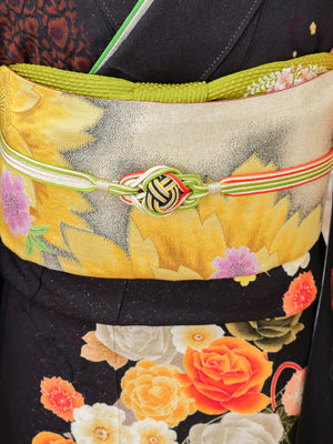 FR-037   黒地オレンジバラ　振袖