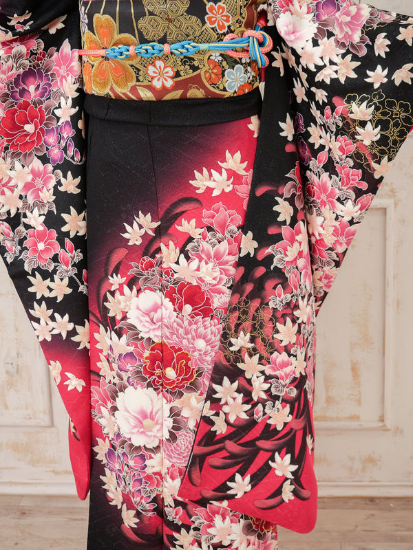 FR-038　黒地ピンク花　振袖