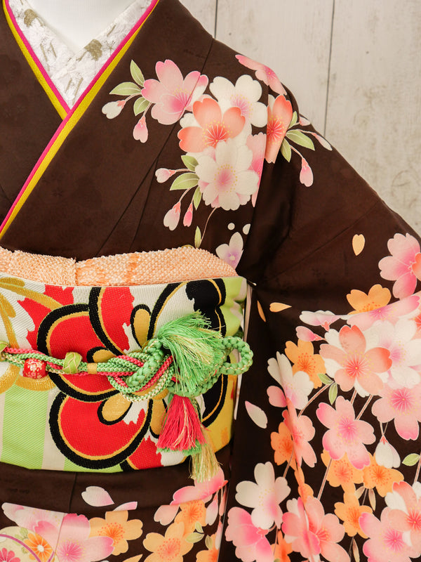 FR-043   茶色地オレンジ枝垂れ桜　振袖