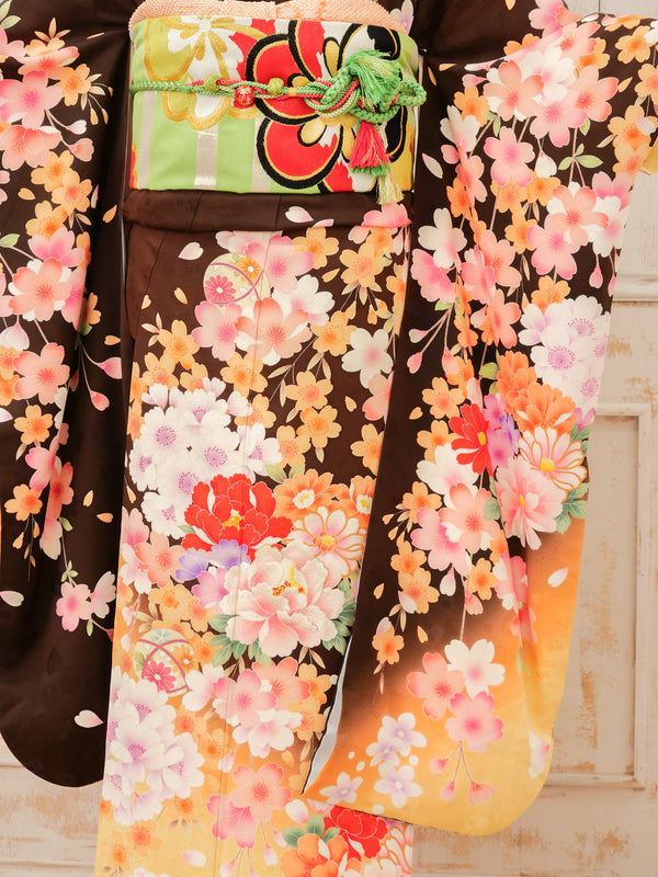 FR-043   茶色地オレンジ枝垂れ桜　振袖