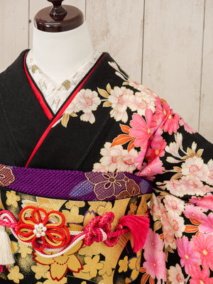 FR-048　黒地ピンク花　振袖