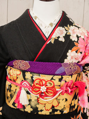 FR-048　黒地ピンク花　振袖