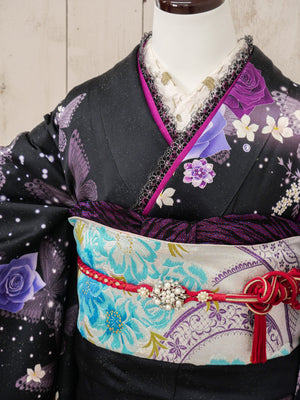 FR-059   黒地紫バラ蝶　振袖