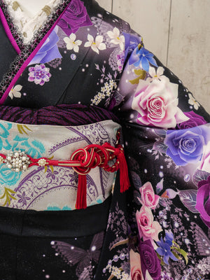 FR-059   黒地紫バラ蝶　振袖