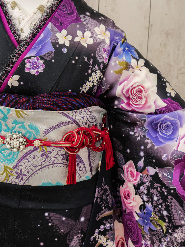 FR-059   黒地紫バラ蝶　振袖