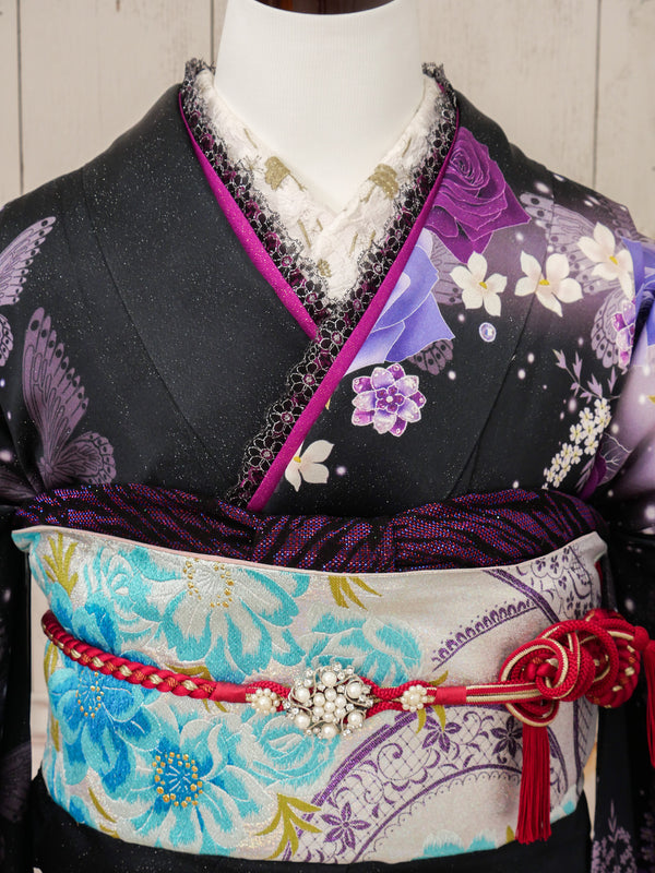 FR-059   黒地紫バラ蝶　振袖