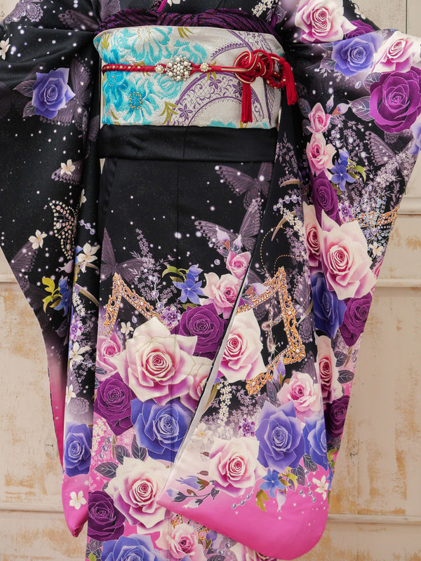 FR-059   黒地紫バラ蝶　振袖