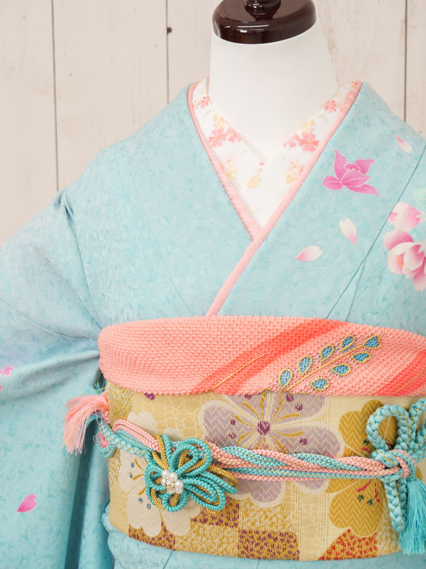 FR-088   水色地ピンク牡丹　振袖