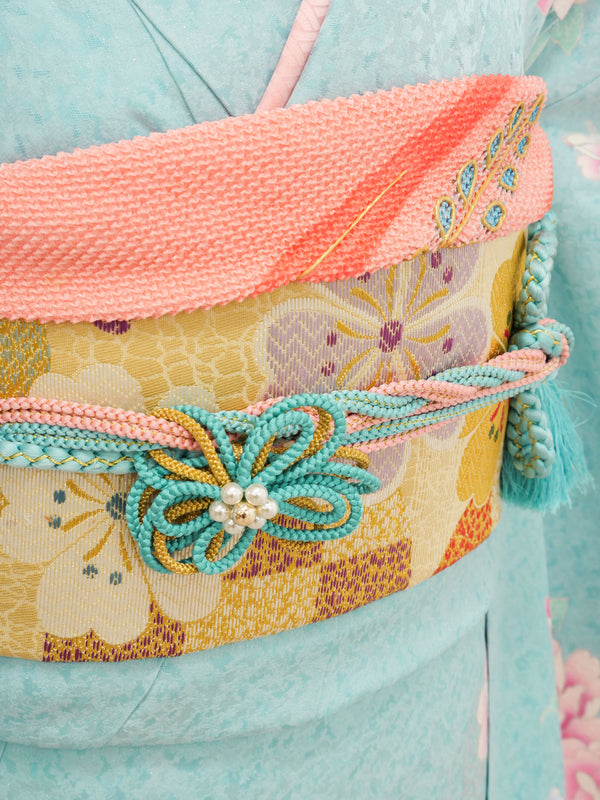 FR-088   水色地ピンク牡丹　振袖