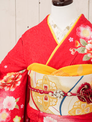 FR-063　赤地オレンジ牡丹　振袖