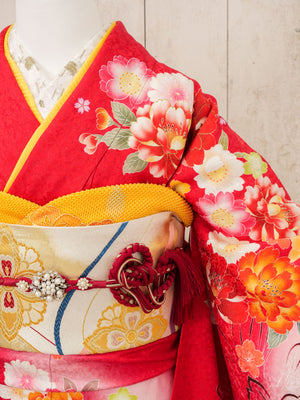 FR-063　赤地オレンジ牡丹　振袖