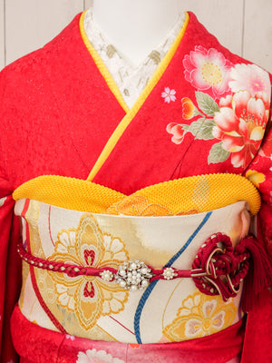 FR-063　赤地オレンジ牡丹　振袖