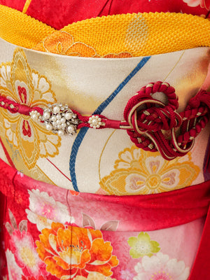 FR-063　赤地オレンジ牡丹　振袖