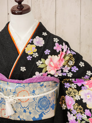 FR-067　黒地ピンク牡丹　振袖