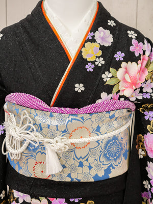 FR-067　黒地ピンク牡丹　振袖