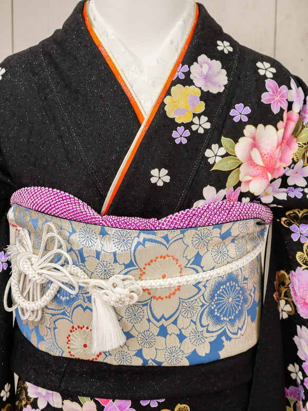 FR-067　黒地ピンク牡丹　振袖