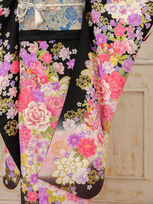 FR-067　黒地ピンク牡丹　振袖