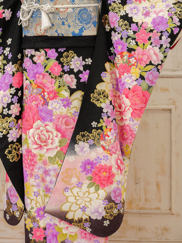 FR-067　黒地ピンク牡丹　振袖