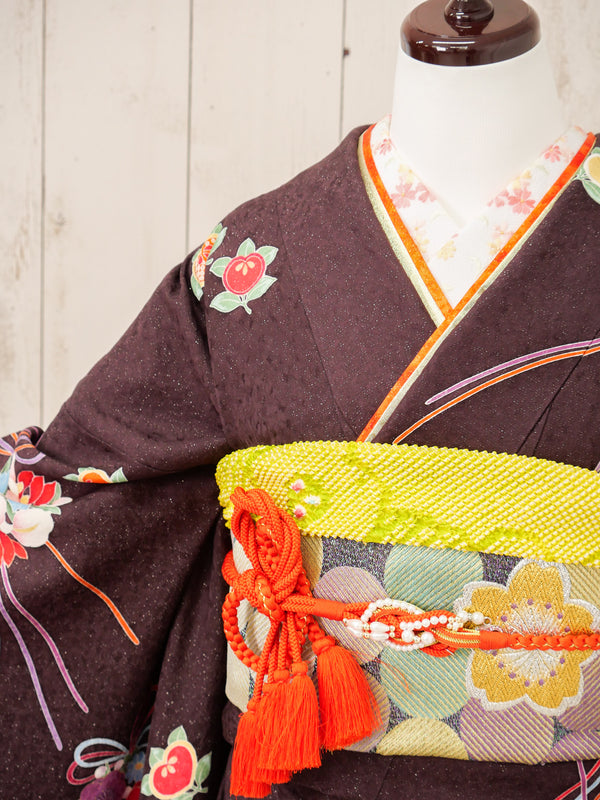 FR-075   茶色地グリーンバラ　振袖