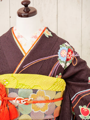 FR-075   茶色地グリーンバラ　振袖