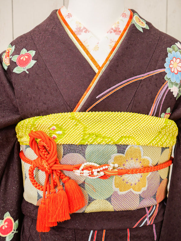 FR-075   茶色地グリーンバラ　振袖