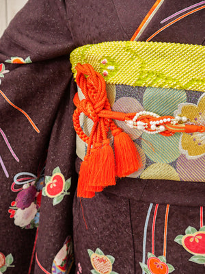 FR-075   茶色地グリーンバラ　振袖