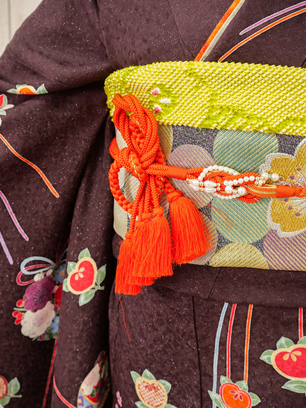 FR-075   茶色地グリーンバラ　振袖