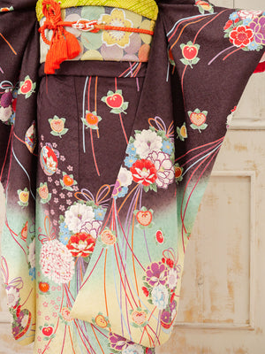 FR-075   茶色地グリーンバラ　振袖