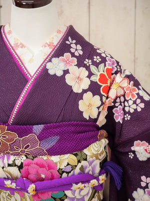 FK-050　紫地ピンク花　振袖.