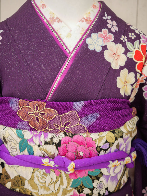 FK-050　紫地ピンク花　振袖.