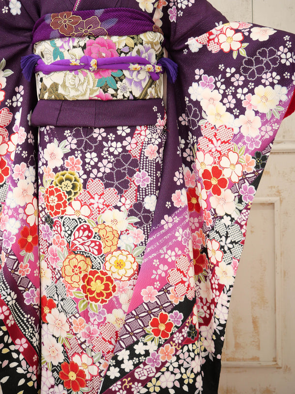 FK-050　紫地ピンク花　振袖.
