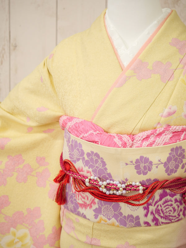 FK-048　黄色地ピンク枝垂れ桜　振袖.