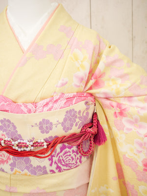 FK-048　黄色地ピンク枝垂れ桜　振袖.