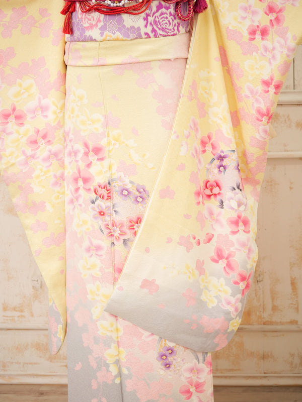 FK-048　黄色地ピンク枝垂れ桜　振袖.