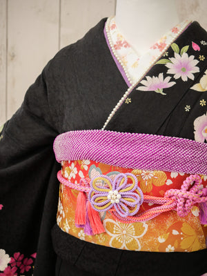 FK-016　黒地紫花　振袖.