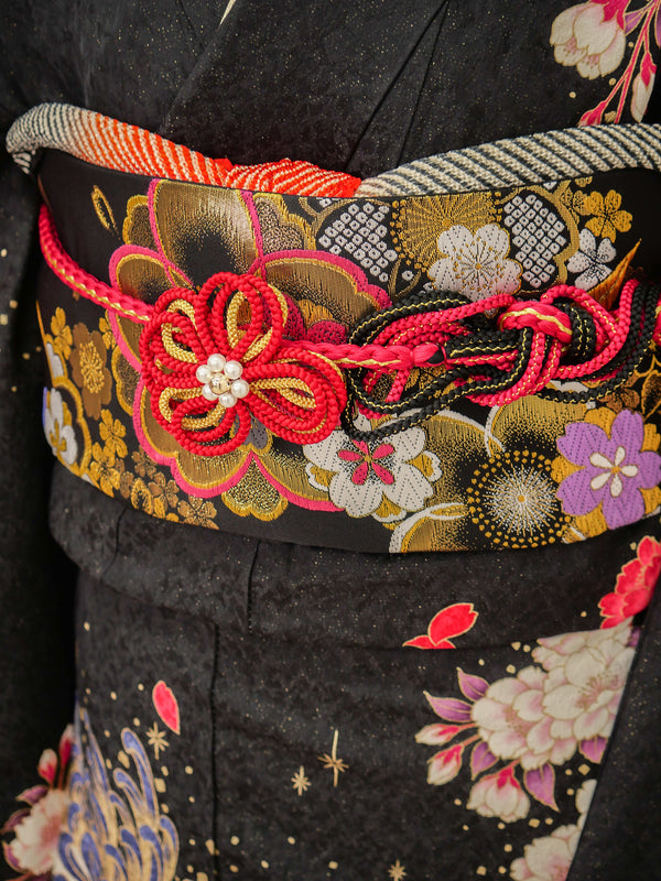 FK-032　黒地ピンク大菊　振袖.