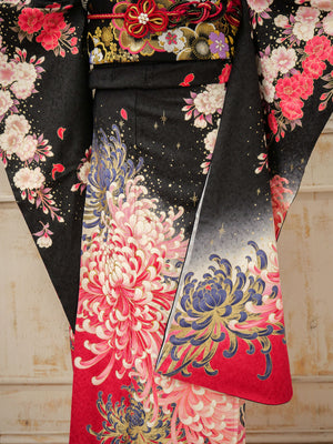 FK-032　黒地ピンク大菊　振袖.