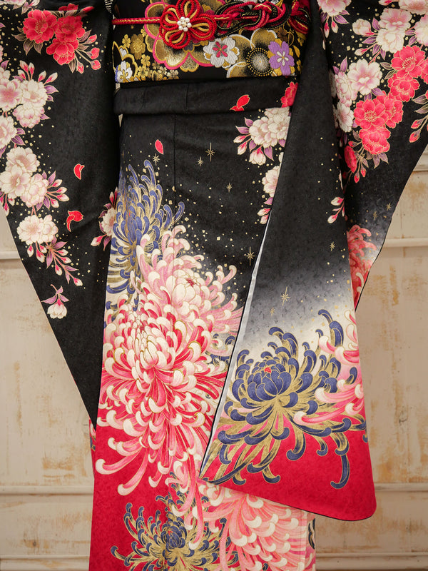 FK-032　黒地ピンク大菊　振袖.