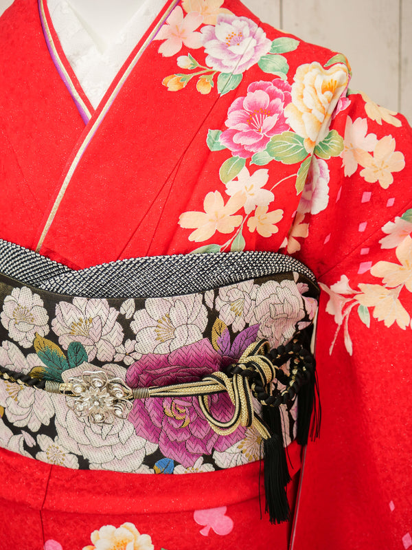 FK-033　赤地オレンジ牡丹　振袖.