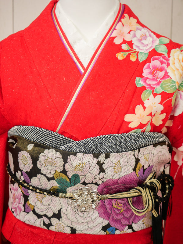 FK-033　赤地オレンジ牡丹　振袖.