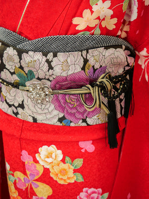 FK-033　赤地オレンジ牡丹　振袖.