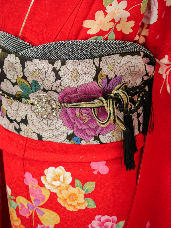 FK-033　赤地オレンジ牡丹　振袖.