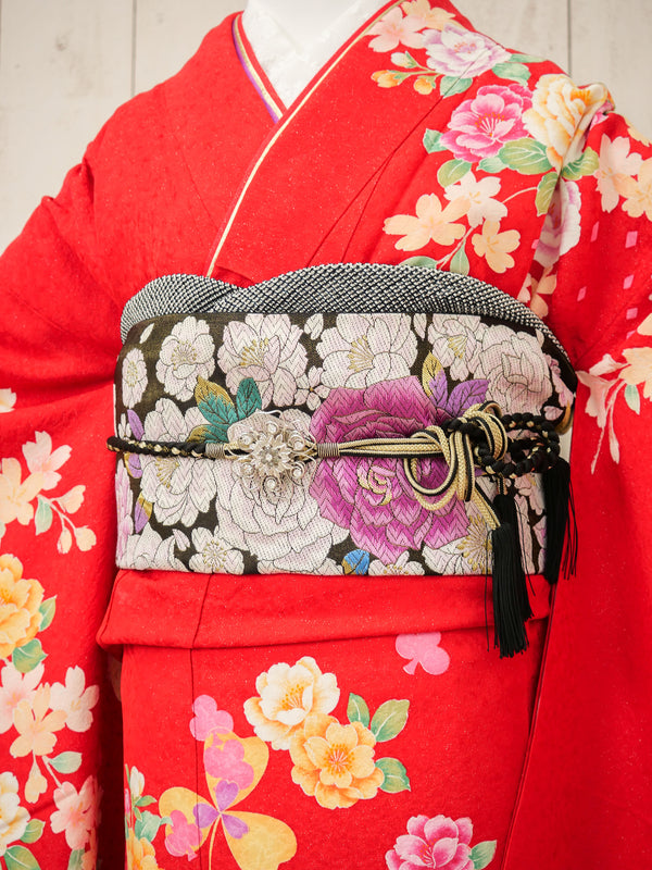 FK-033　赤地オレンジ牡丹　振袖.