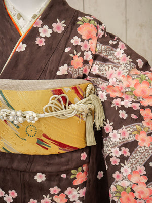FK-038　茶色地花　振袖.