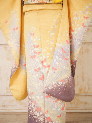 FK-044　黄色地ピンク蝶　振袖.