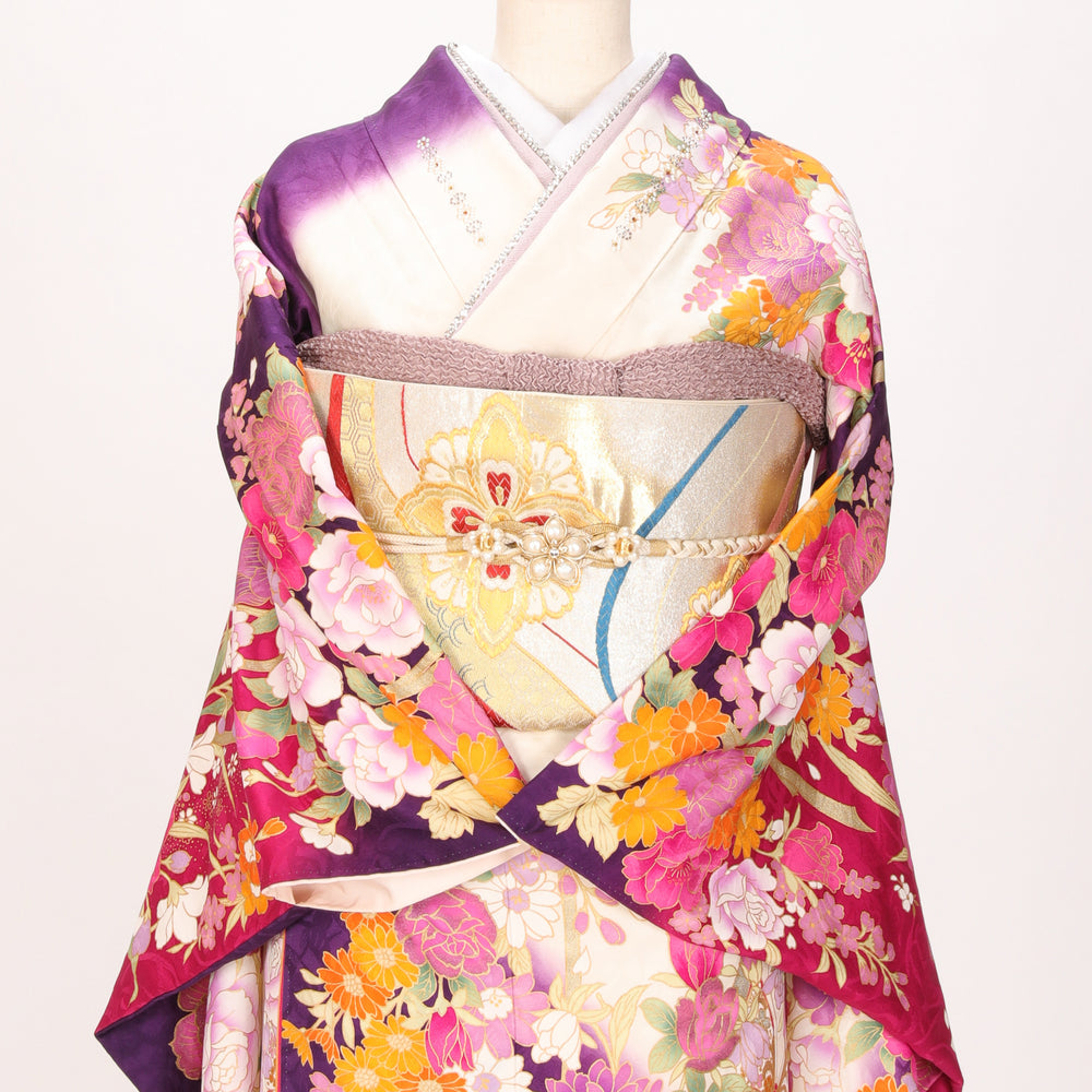 【販売】振袖小物3点 Sセット ホワイト/パープル/くすみ.