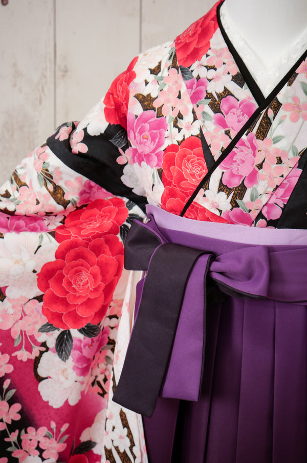 KR-125/黒地ピンク牡丹　卒業袴