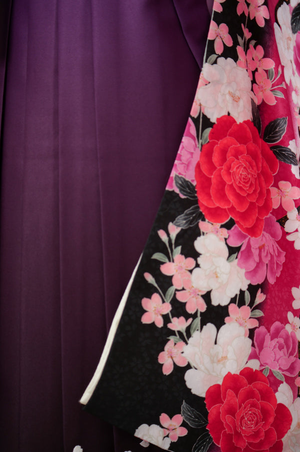 KR-125/黒地ピンク牡丹　卒業袴